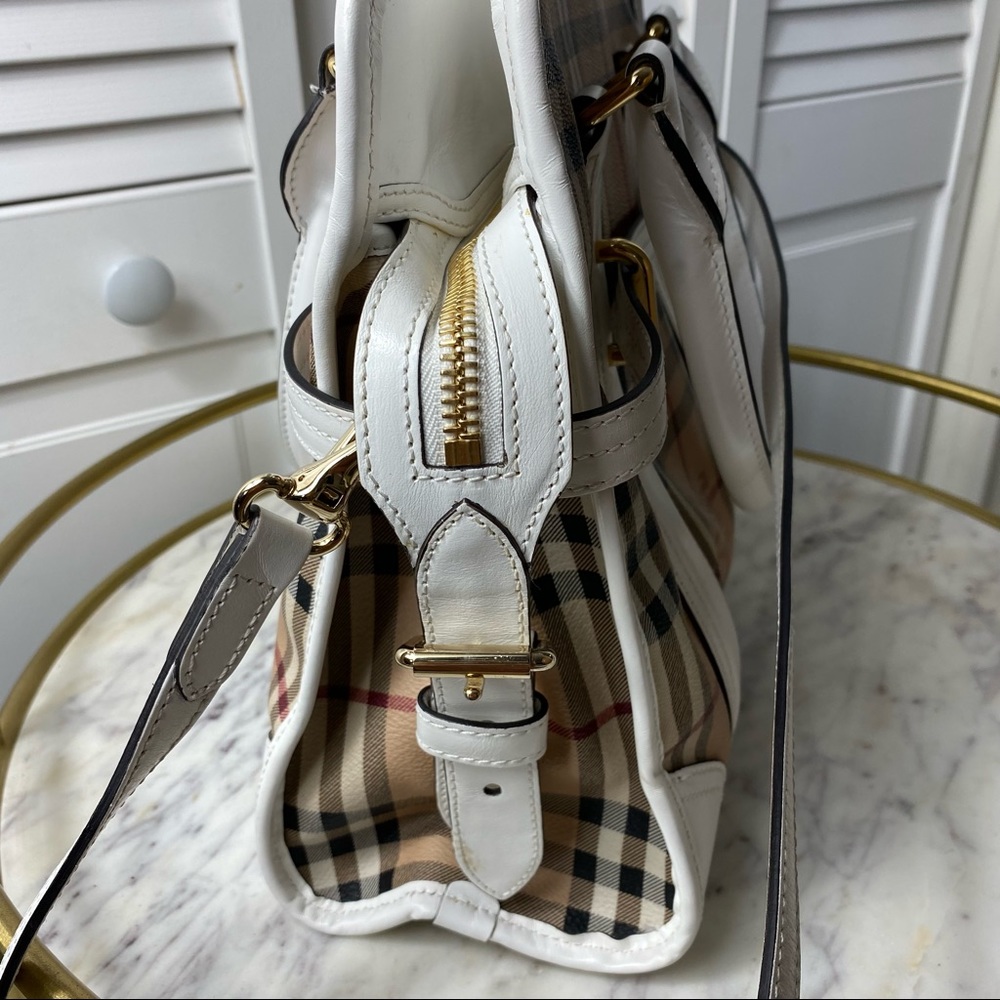 VTG Burberry Minford Satchel Haymarket Coated Canvas White Leather Gold Hardware - Picture 10 of 16
